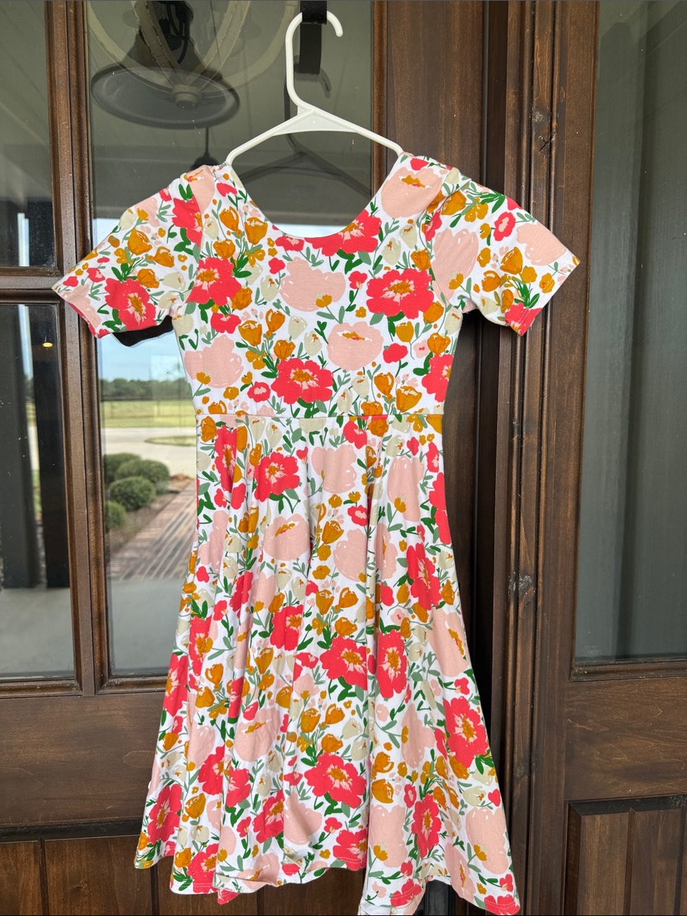 Girls' Floral Short Sleeve Twirl Dress - Pink & Coral